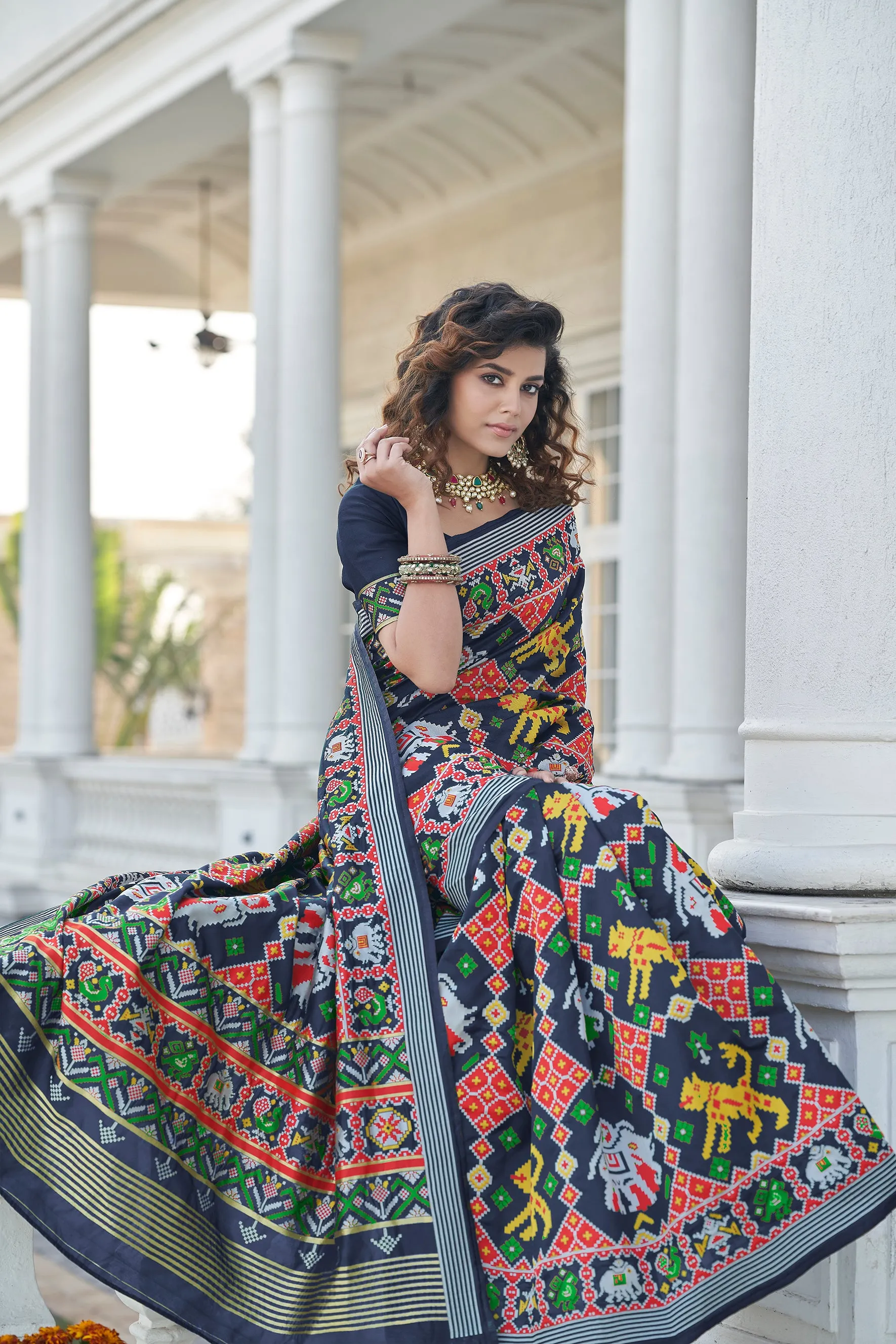 Beautiful Weaving Work Sangeet Wear Navy Blue Color Patola Style Saree In Art Silk Fabric