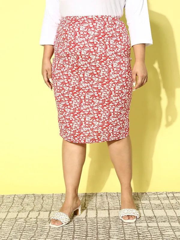 Berrylush Women Plus Size Red & White Floral Printed High-Rise Waist Straight Hem Back-Slitted Pencil Midi Skirt