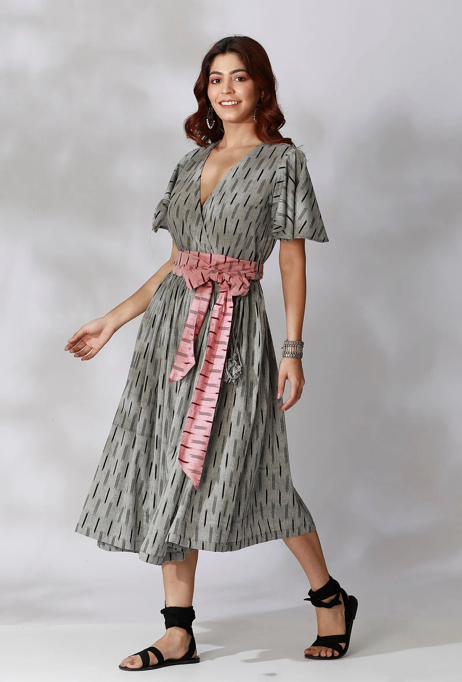 Black And Grey Ikkat Wrap Around Dress With Maroon Belt