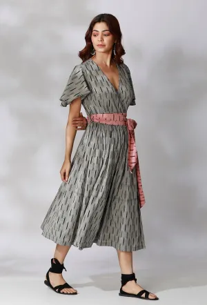 Black And Grey Ikkat Wrap Around Dress With Maroon Belt