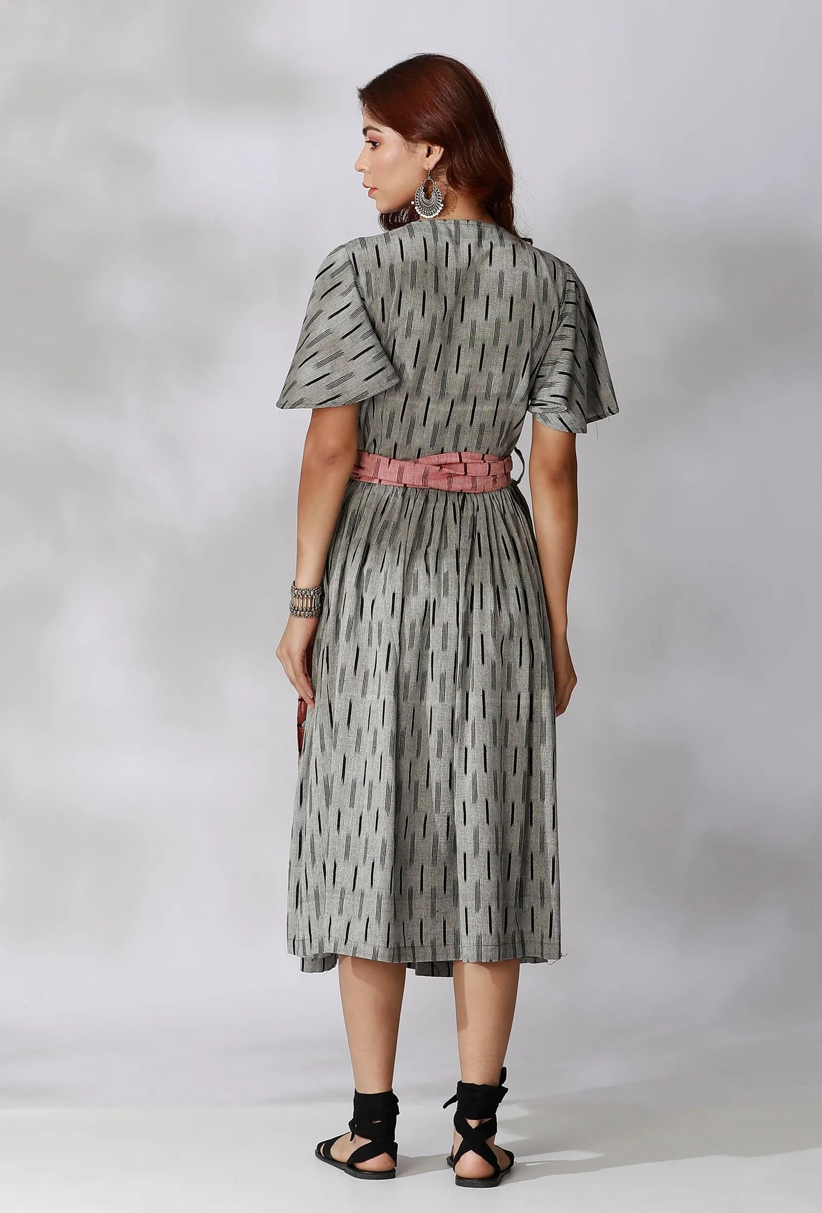 Black And Grey Ikkat Wrap Around Dress With Maroon Belt