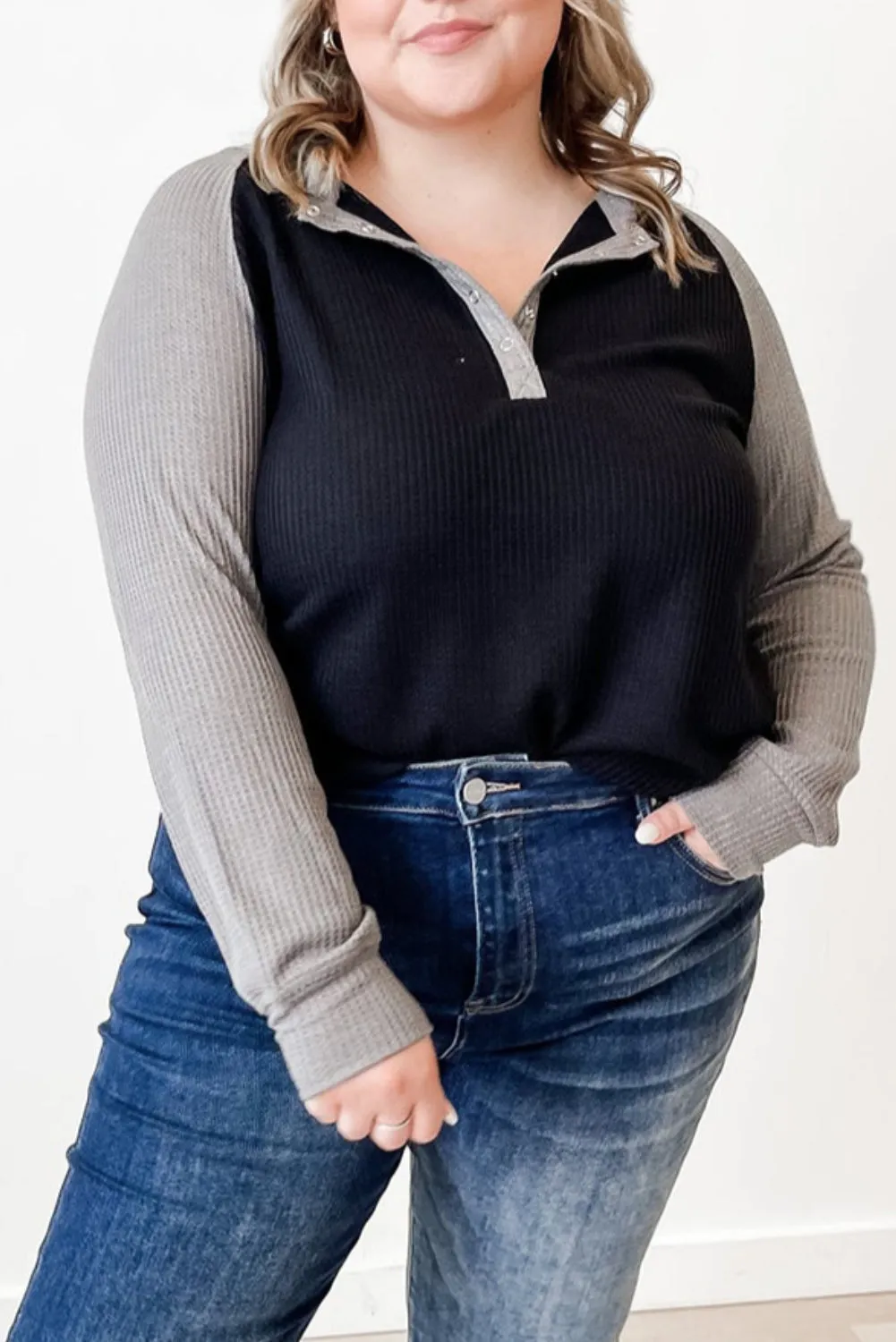 Black Plus Size Contrast Waffle Knit Henley Long Sleeve Top