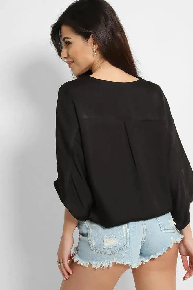 Black Satin Faux Wrap Blouse