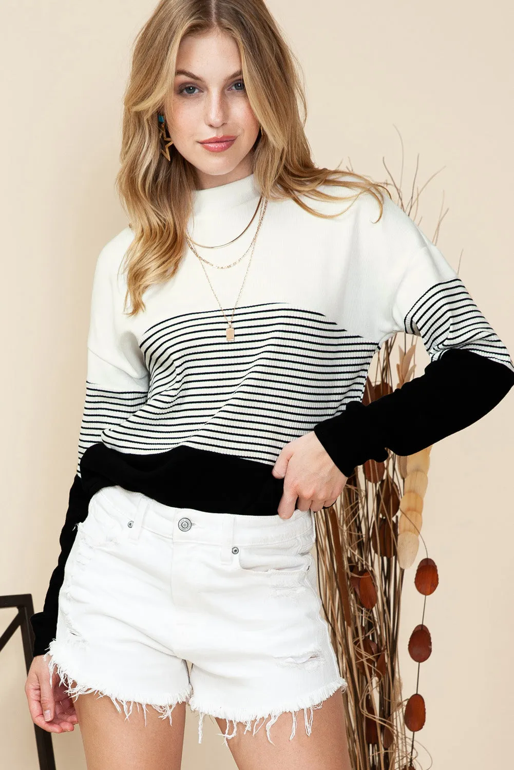 Black Striped Contrast Colorblock Knit Top