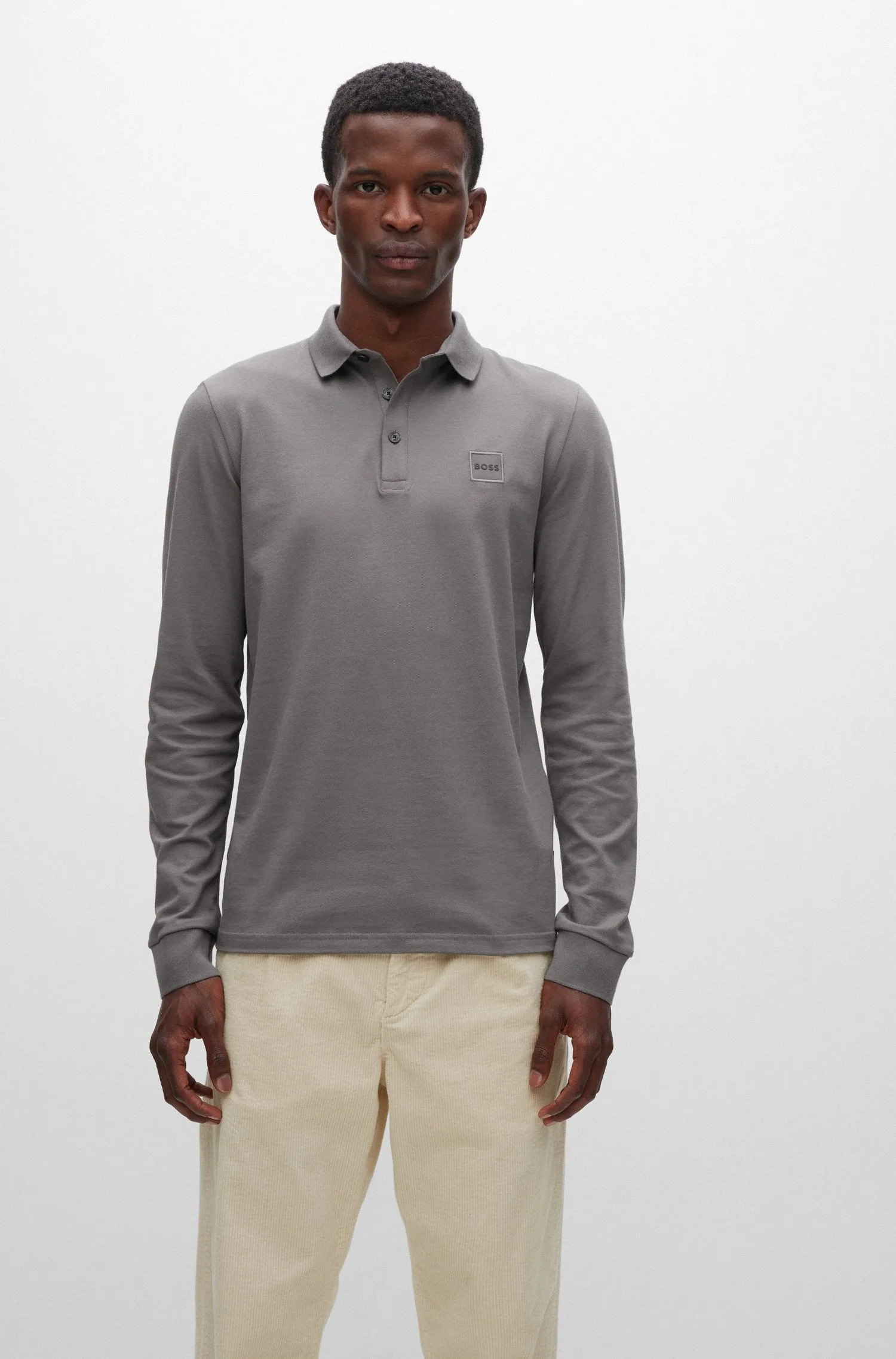 BOSS Passerby Long Sleeve Polo Shirt in Dark Grey