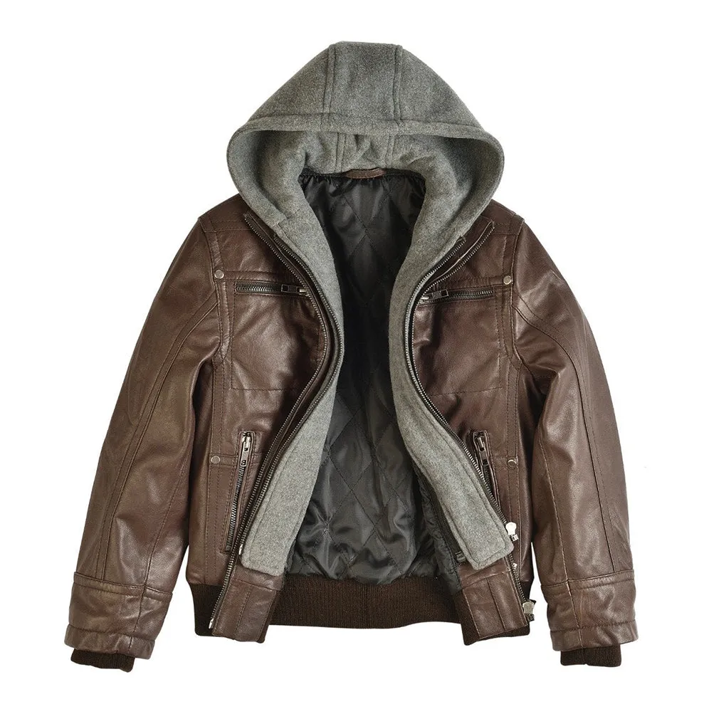 Boys Youth Brando Hooded Leather Jacket