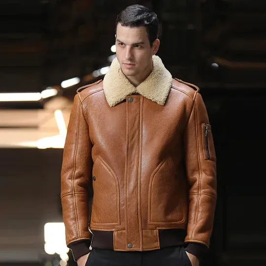 Brown B3 Flight Airforce Sheepskin Bomber Jacket for Men