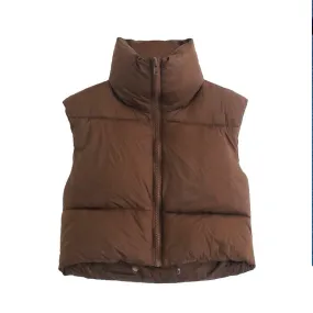 Brown Cropped Sleeveless Down Jacket Vest Coat Female Stand Collar Zipper Waistcoat 2021 Autumn Winter Ladies Casual Outerwear