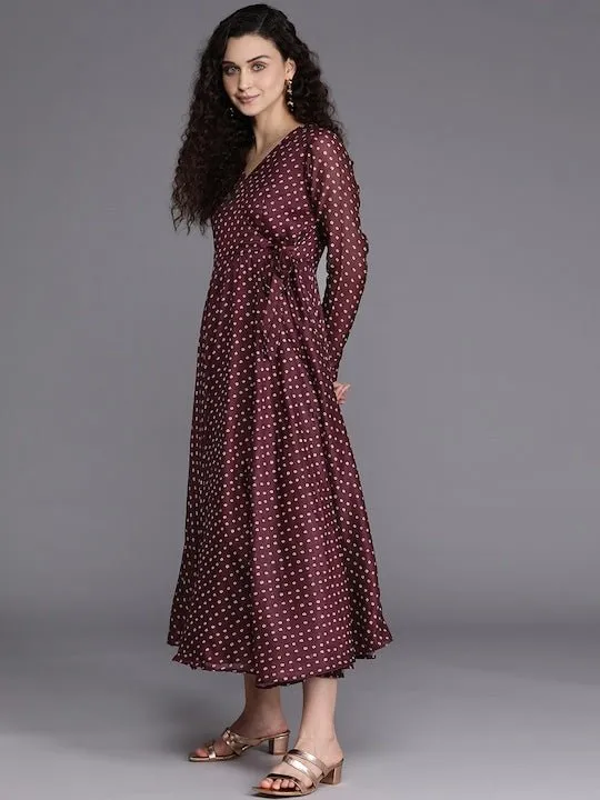 Burgundy & Beige Bandhani Printed Chanderi Cotton Wrap Midi Dress