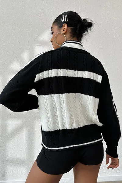 Cable-Knit Color Block Raglan Sleeve Cardigan