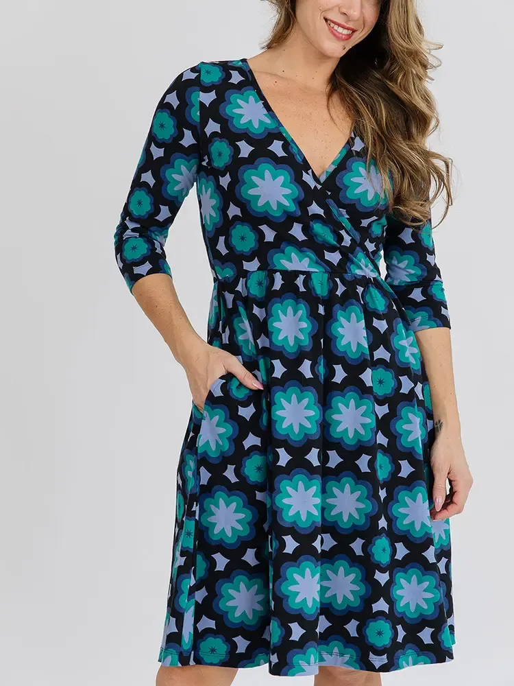 Callie Long Sleeve Wrap Dress in Mod Teal