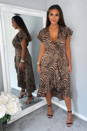 Camel Animal Print Tie Side Wrap Over Midi Dress