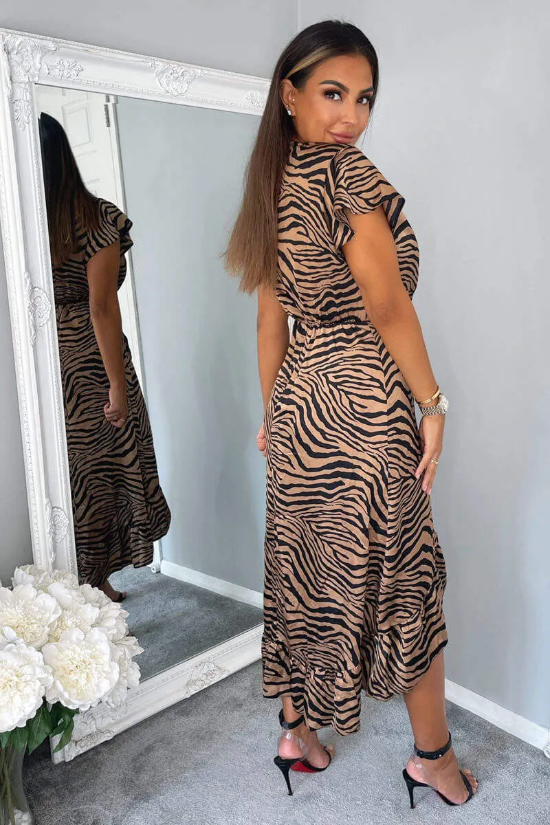 Camel Animal Print Tie Side Wrap Over Midi Dress