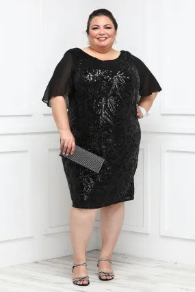 Capelet-Sleeved Plus Size Cocktail Dress with Ornate Embellishments