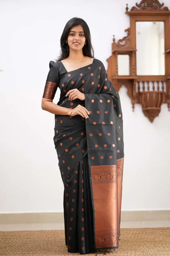 Capricious Black Soft Silk Saree With Skinny Blouse Piece