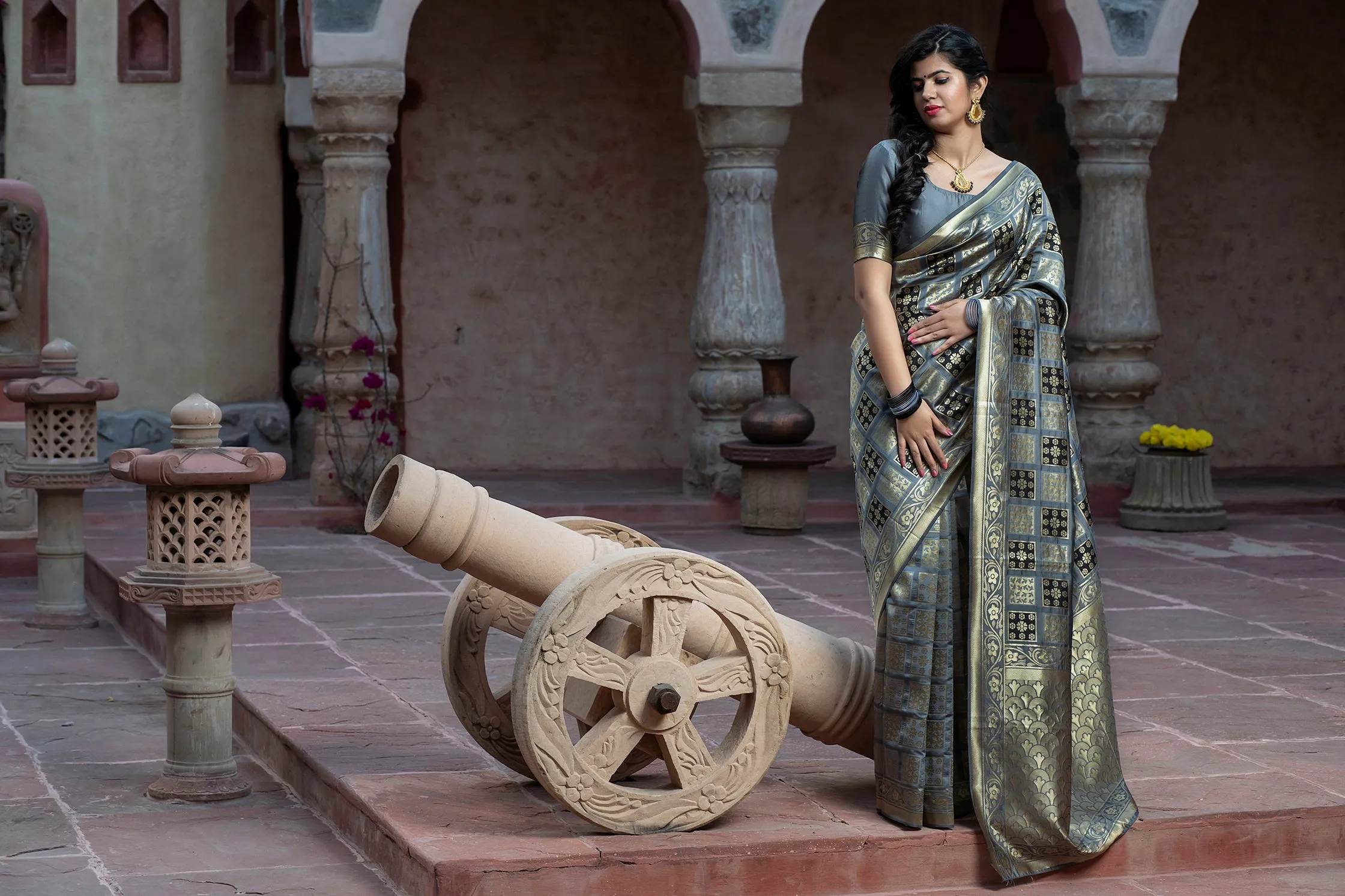 Captivating Grey Colored Festive Wear Woven Banarasi Silk Saree