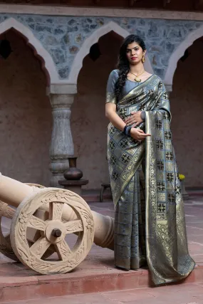 Captivating Grey Colored Festive Wear Woven Banarasi Silk Saree