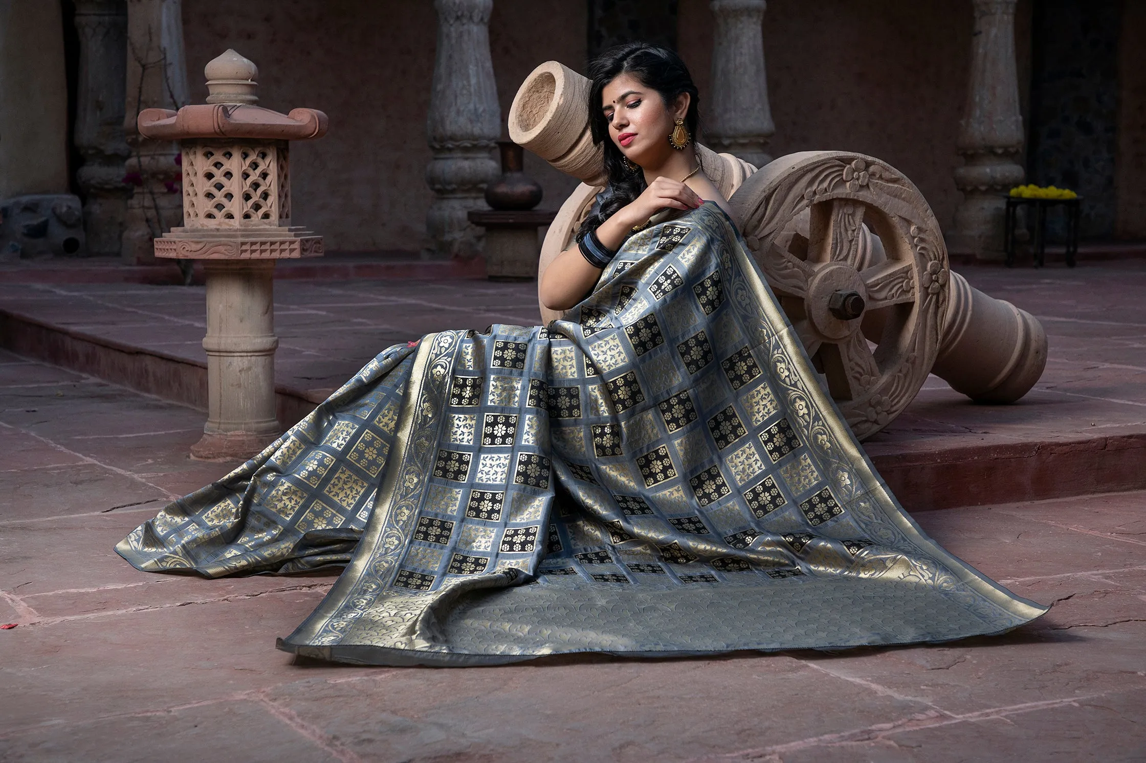 Captivating Grey Colored Festive Wear Woven Banarasi Silk Saree