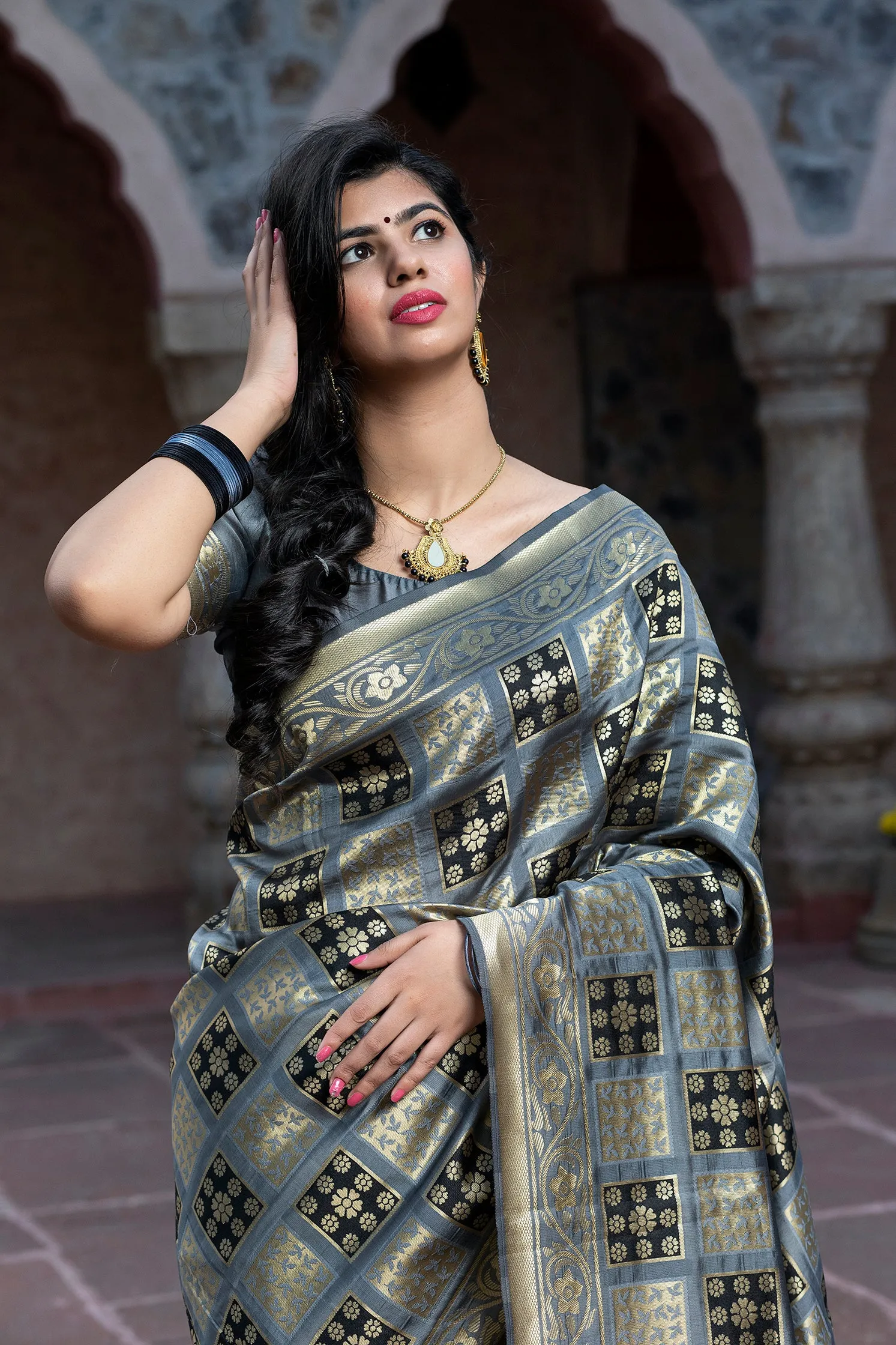 Captivating Grey Colored Festive Wear Woven Banarasi Silk Saree