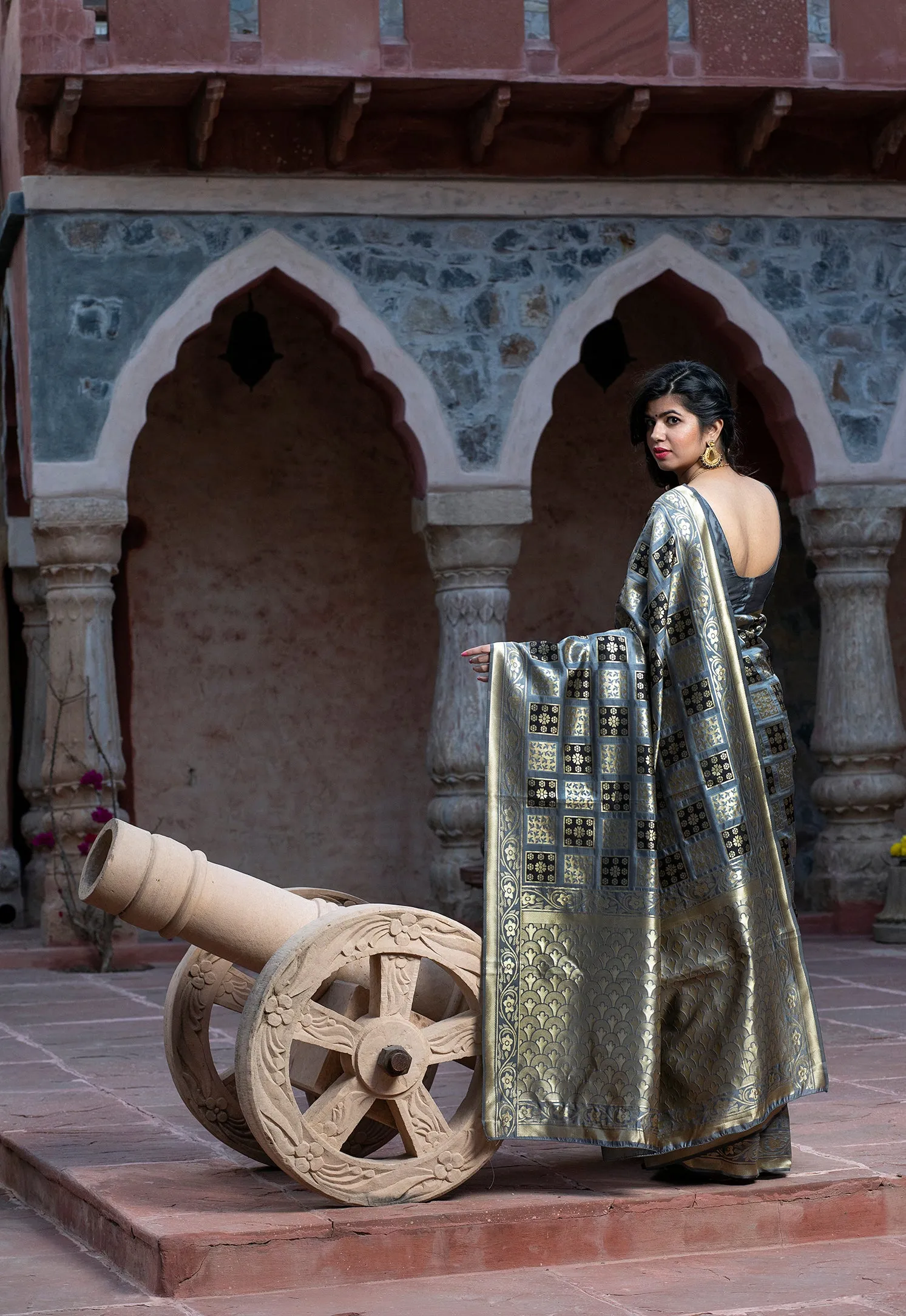 Captivating Grey Colored Festive Wear Woven Banarasi Silk Saree