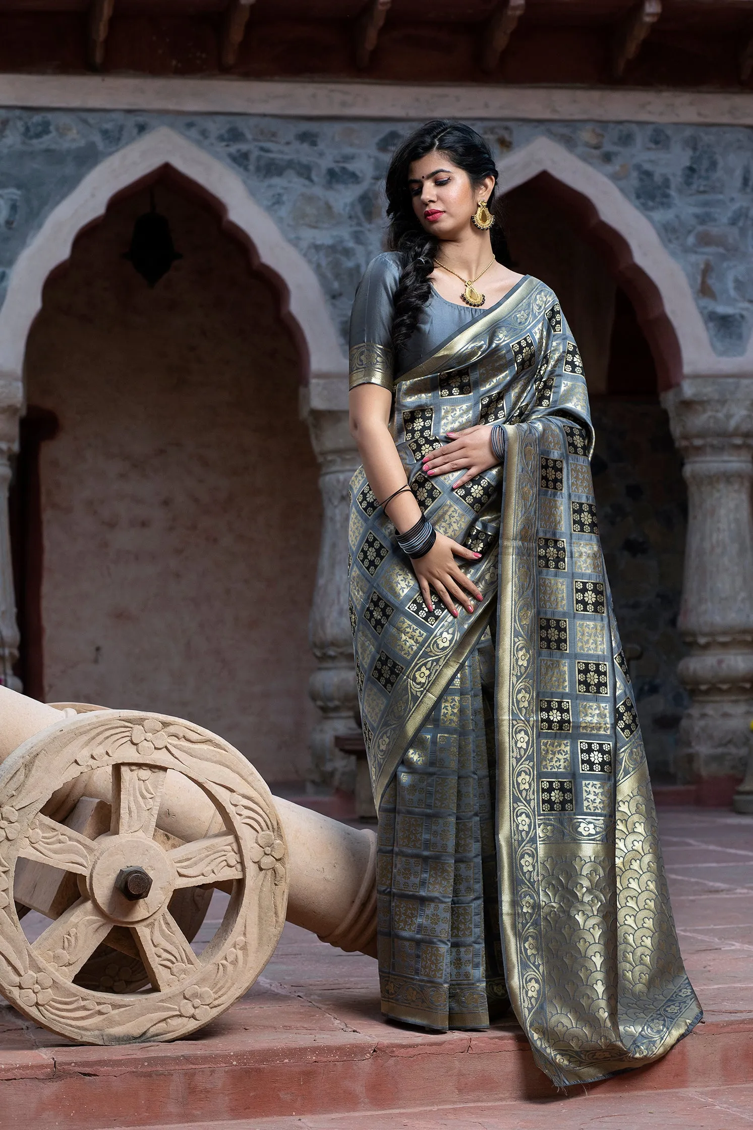 Captivating Grey Colored Festive Wear Woven Banarasi Silk Saree