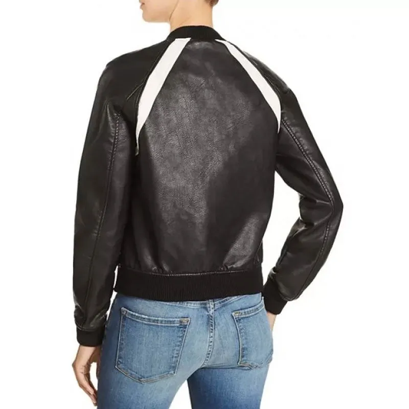 Casual Baseball Collar Black Leather Bomber Jacket