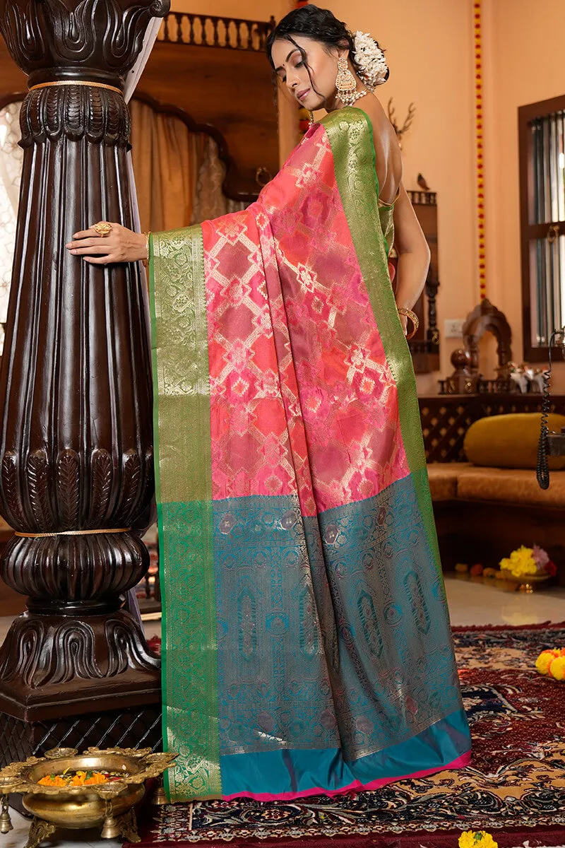 Charming Pink Organza Silk Saree With Intricate Blouse Piece