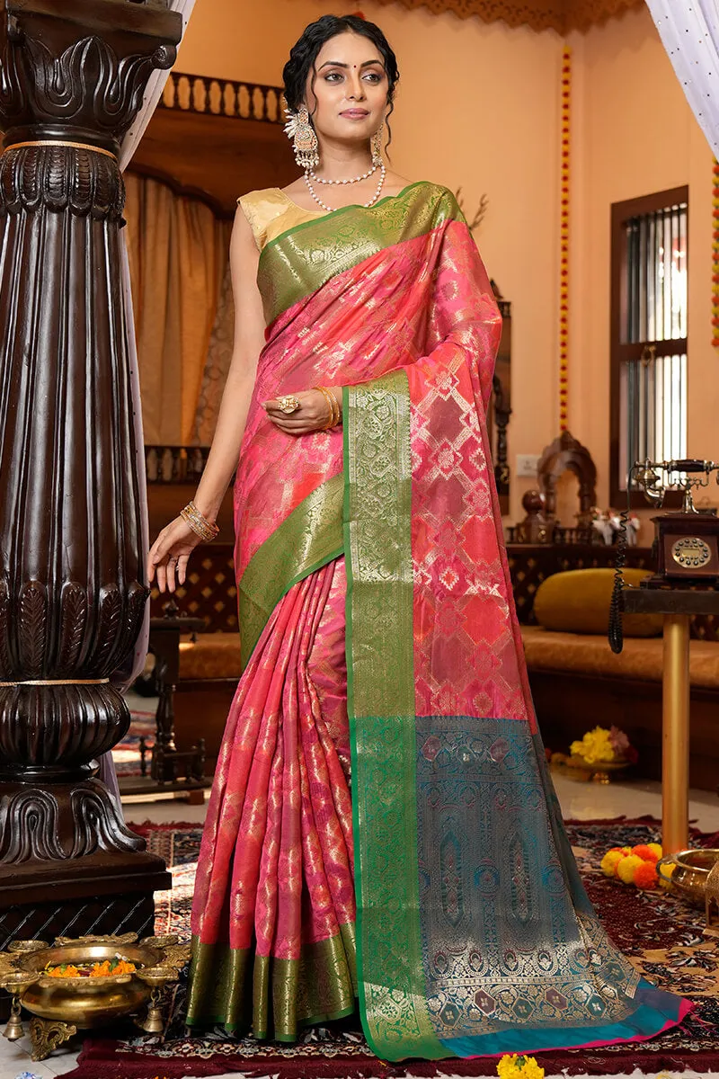 Charming Pink Organza Silk Saree With Intricate Blouse Piece