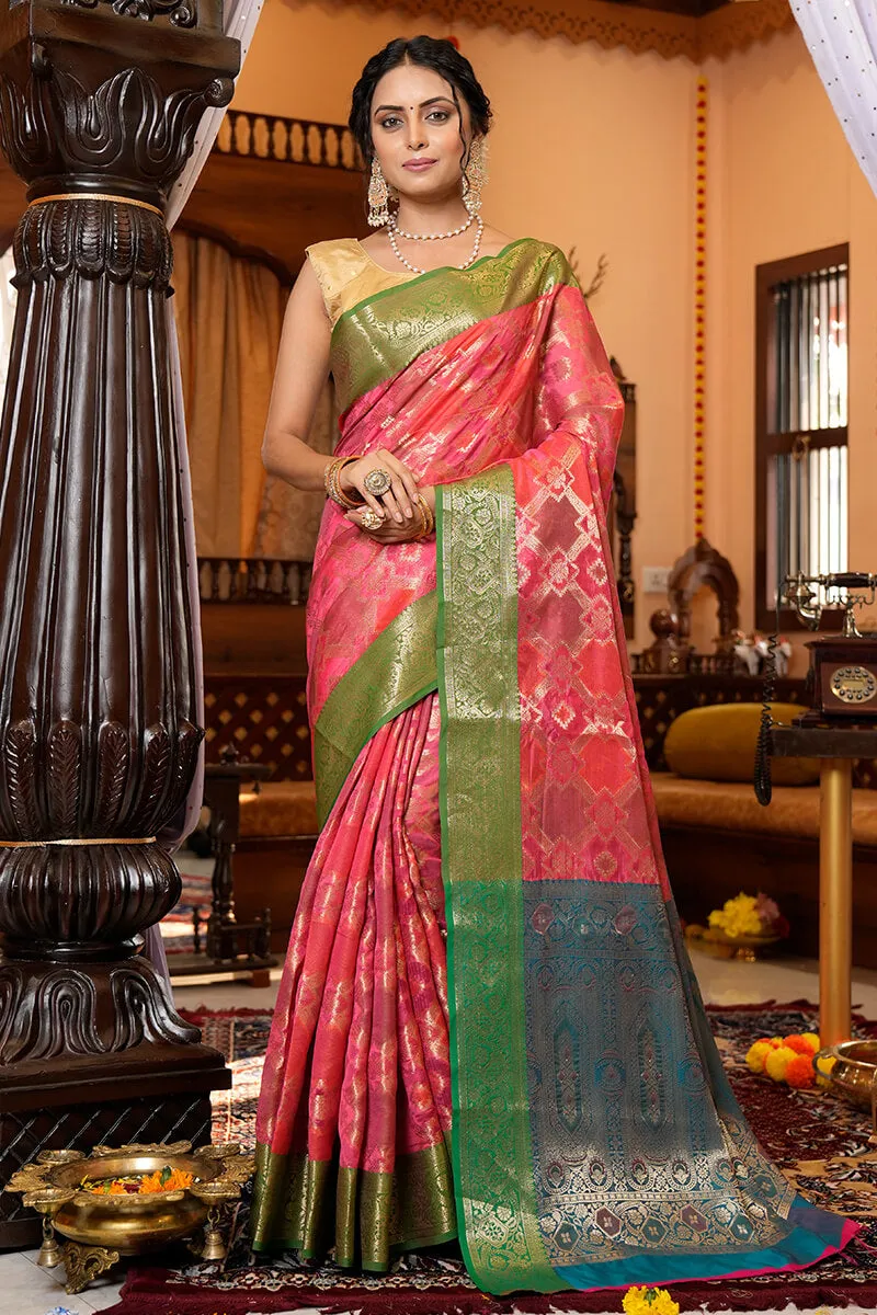 Charming Pink Organza Silk Saree With Intricate Blouse Piece