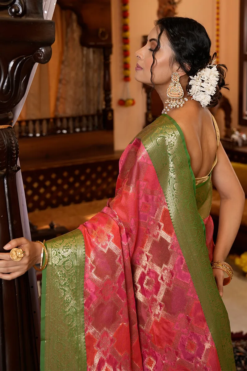 Charming Pink Organza Silk Saree With Intricate Blouse Piece