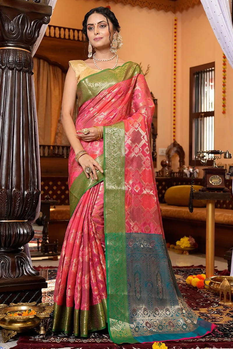 Charming Pink Organza Silk Saree With Intricate Blouse Piece