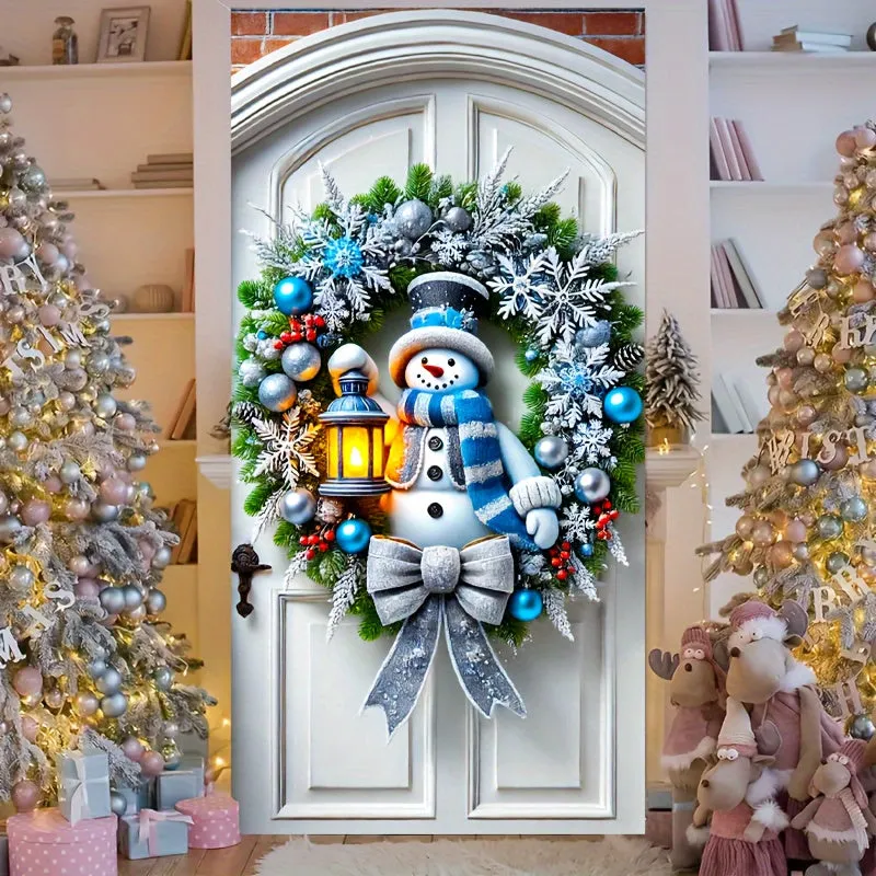 Charming Snowman Christmas Door Cover - Festive Hanging Wall Decor, Perfect for Holiday Parties & Home Decoration, Machine Washable Polyester, 70.87x35.43 inches, Christmas Decor