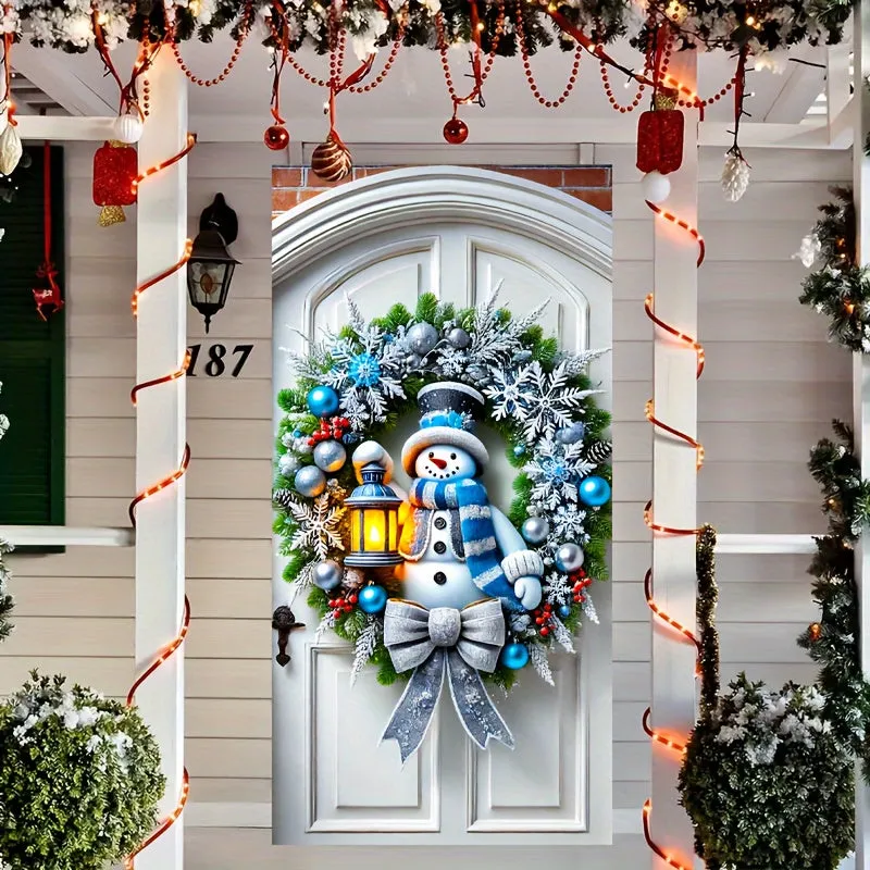 Charming Snowman Christmas Door Cover - Festive Hanging Wall Decor, Perfect for Holiday Parties & Home Decoration, Machine Washable Polyester, 70.87x35.43 inches, Christmas Decor