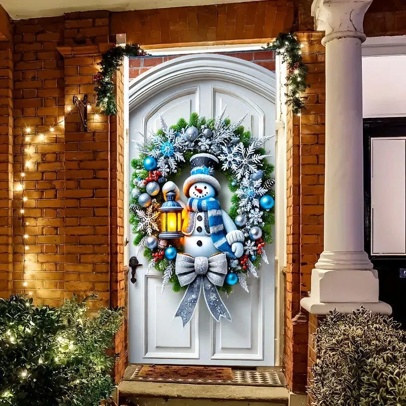 Charming Snowman Christmas Door Cover - Festive Hanging Wall Decor, Perfect for Holiday Parties & Home Decoration, Machine Washable Polyester, 70.87x35.43 inches, Christmas Decor