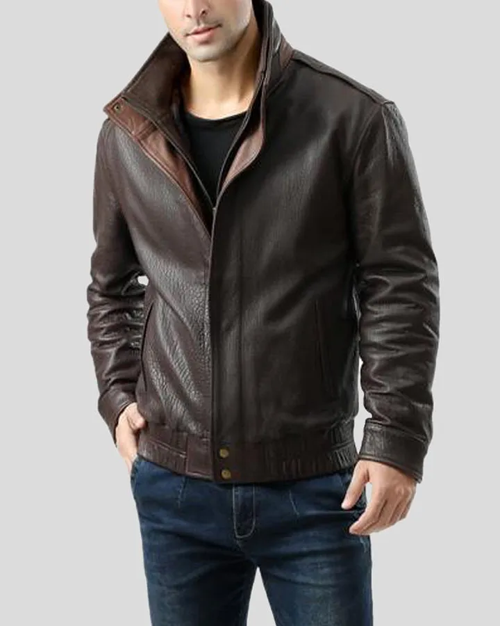 Chek Brown Bomber Leather Jacket