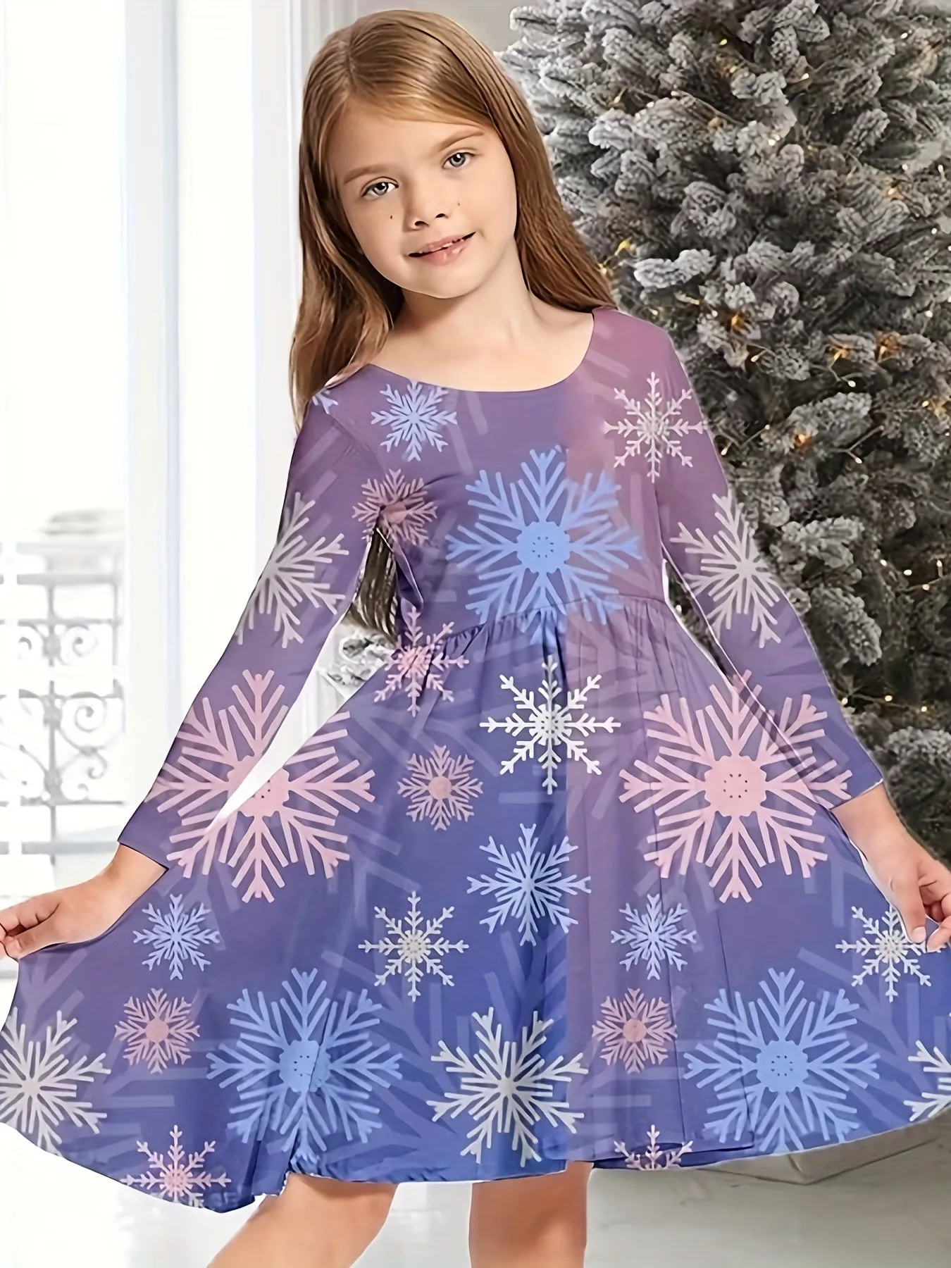 Christmas Party Snowflake Long Sleeve Dress for Girls - 3D Print Graphic, Festive Holiday Outfit, Comfortable Kids Clothes for Winter Season