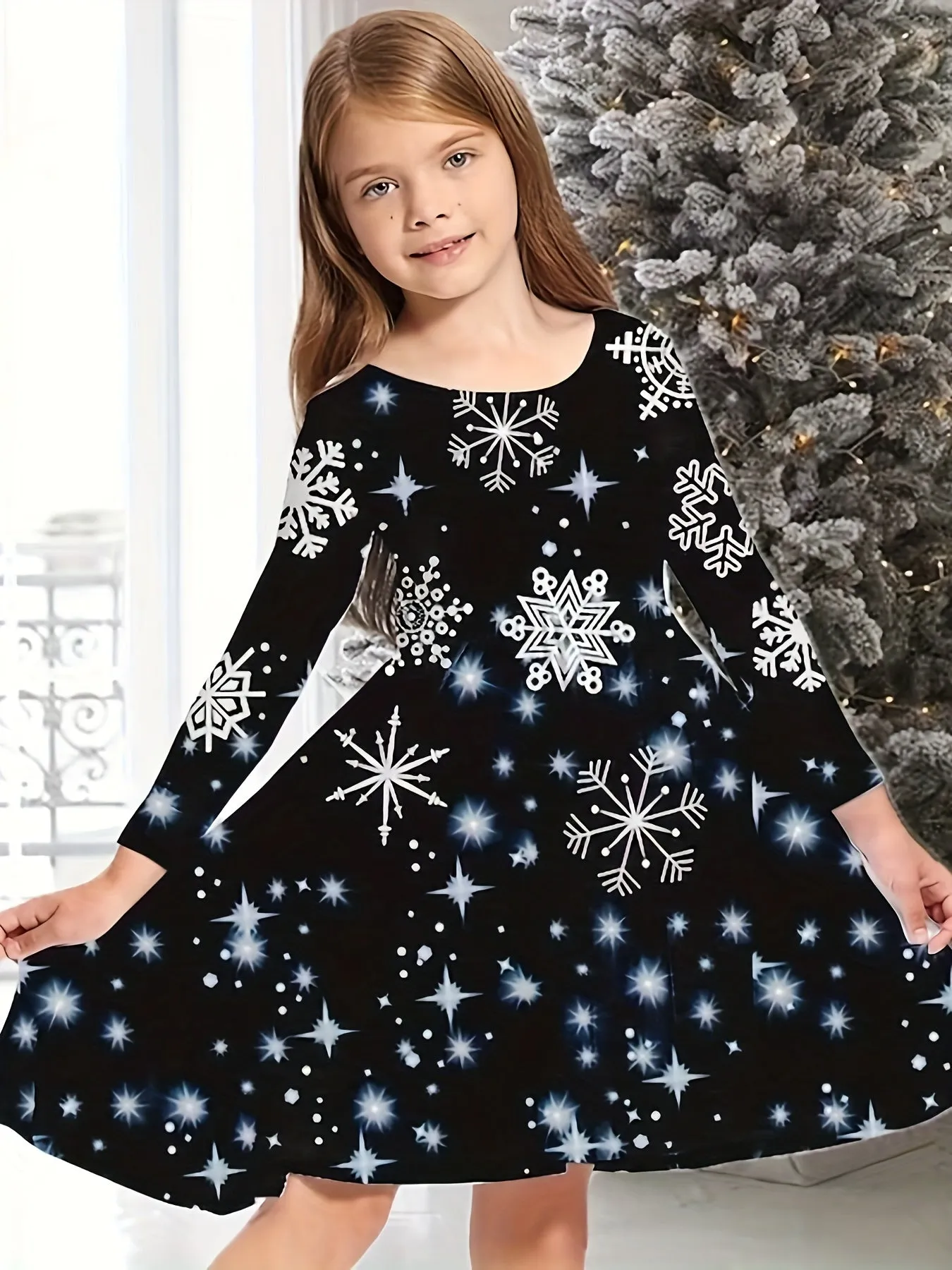 Christmas Party Snowflake Long Sleeve Dress for Girls - 3D Print Graphic, Festive Holiday Outfit, Comfortable Kids Clothes for Winter Season