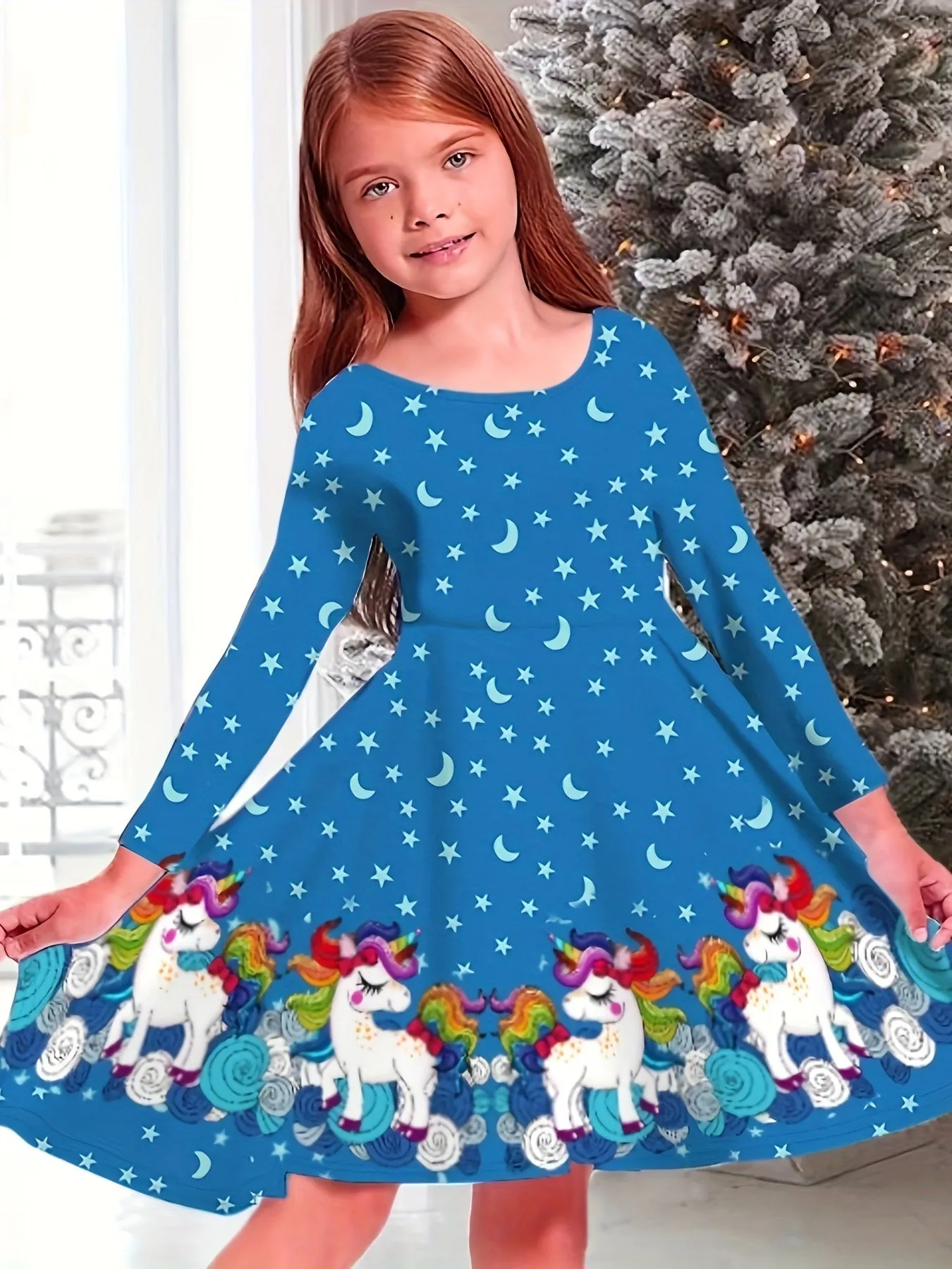 Christmas Party Snowflake Long Sleeve Dress for Girls - 3D Print Graphic, Festive Holiday Outfit, Comfortable Kids Clothes for Winter Season