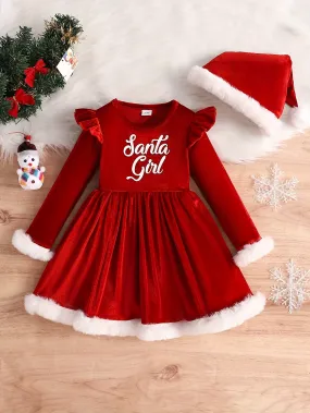 Christmas Velvet Girls Dress and Hat Set - Stretchy Long Sleeve, Contrast Cuffs, Holiday Party Outfit, Festive Gift for Little Princess, Velvet Fabric, Soft and Comfortable, Perfect for Christmas Celebrations and Holiday Parties