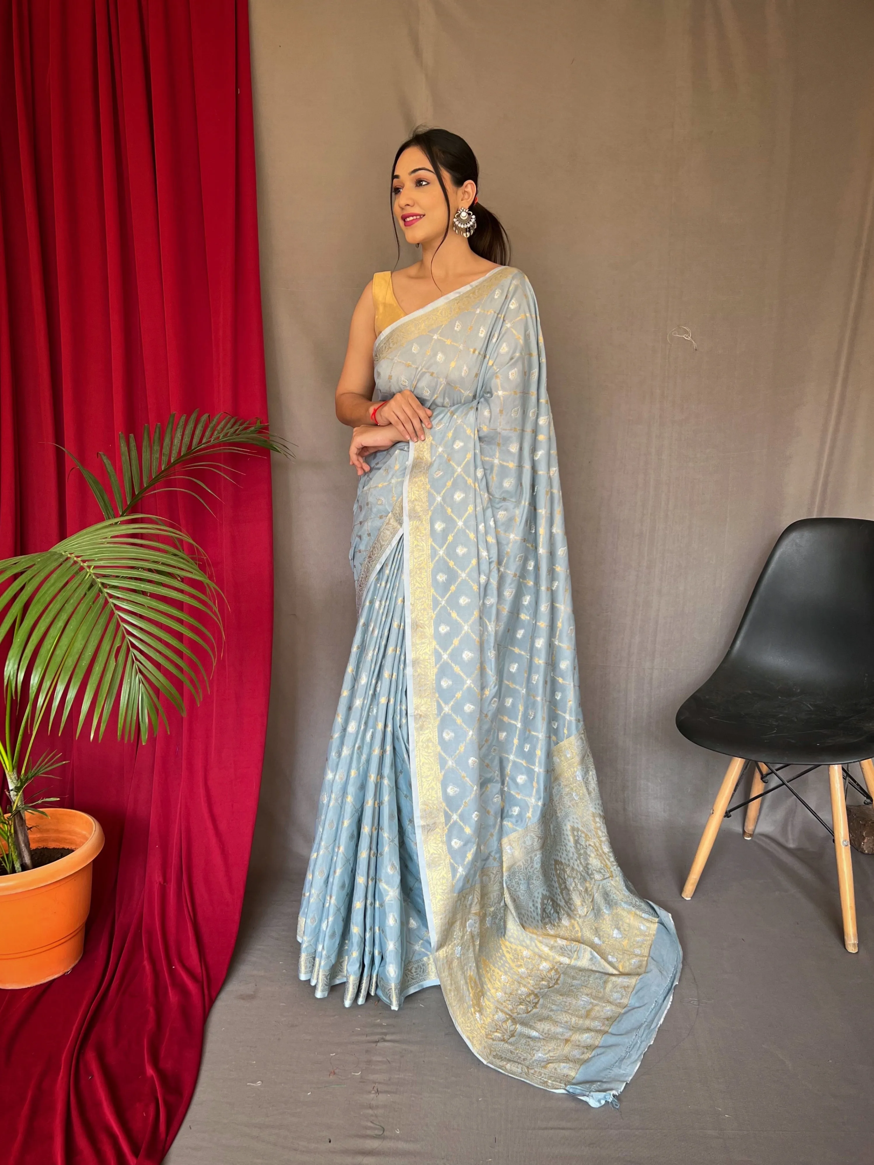 Cloudy Blue Saree in Cotton Rose Gold