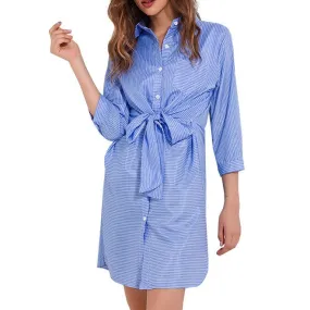 Collared Striped Wrap Dress with Bow Knot Belt