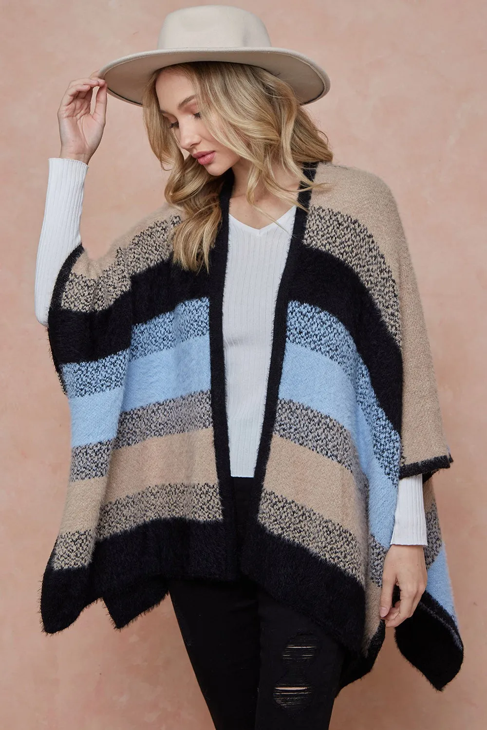 Color Block Open Front Eyelash Shawl Sweater Cardigan