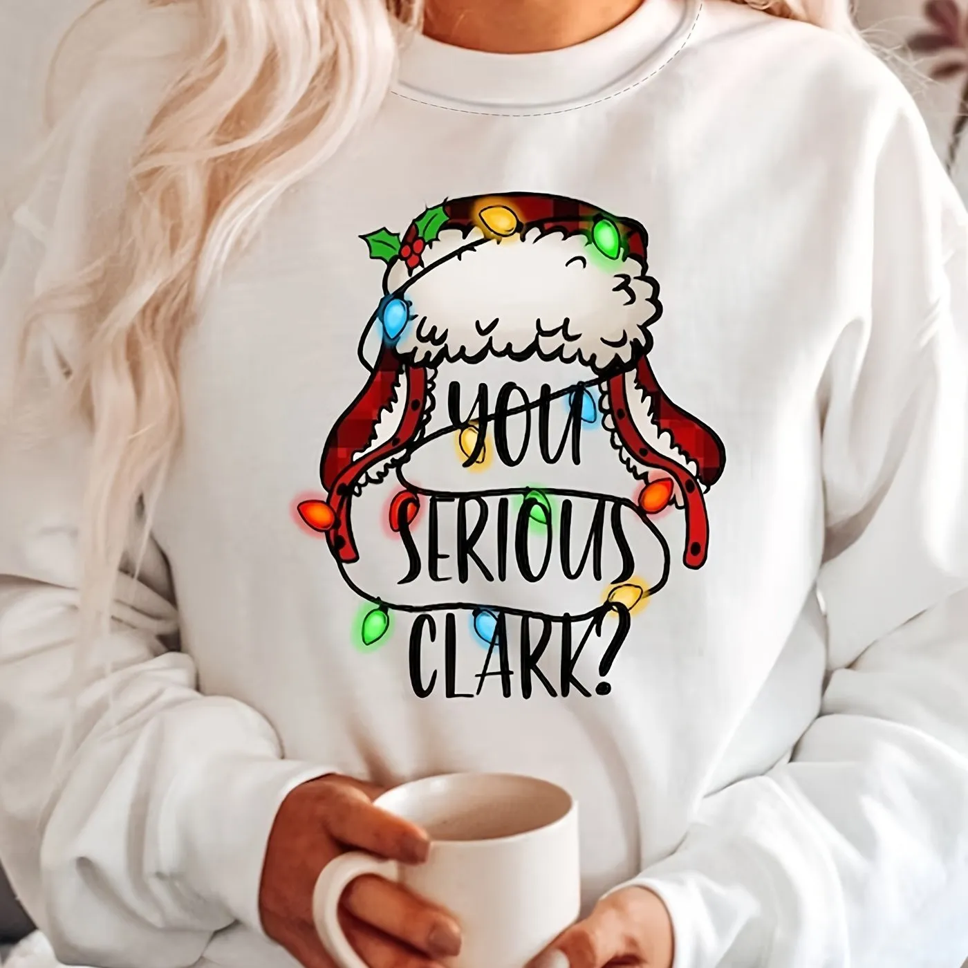 Cozy Festive Graphic Print Crew Neck Sweatshirt - Soft Casual Long Sleeve Drop Shoulder Design, Relaxed Fit, Women's Winter Clothing for Holiday Season