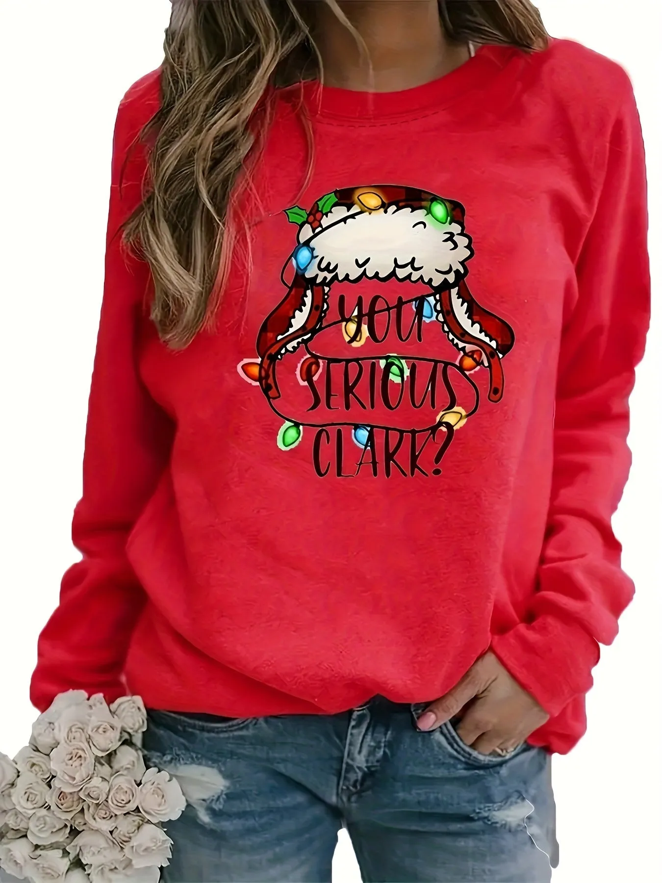 Cozy Festive Graphic Print Crew Neck Sweatshirt - Soft Casual Long Sleeve Drop Shoulder Design, Relaxed Fit, Women's Winter Clothing for Holiday Season