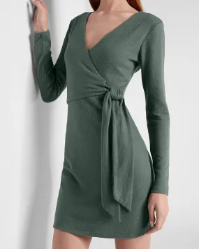 Cozy Wrap Front Mini Dress in Basil