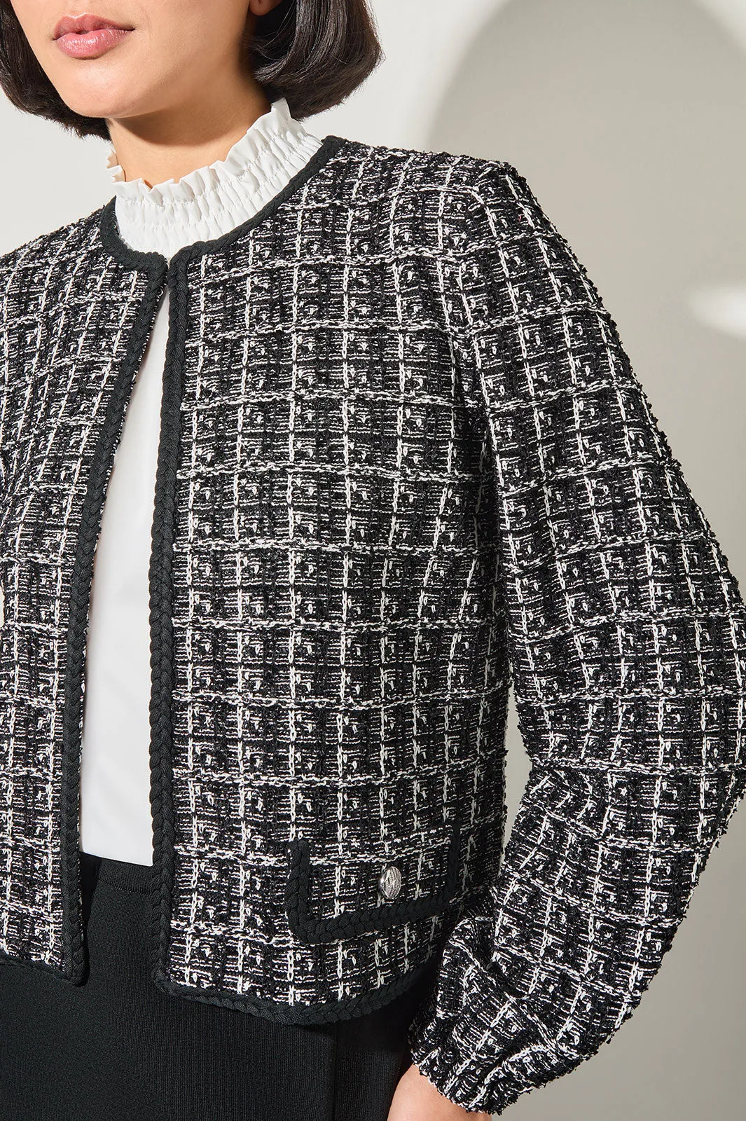 Cropped Open Front Jacket - Tweed Knit, Black