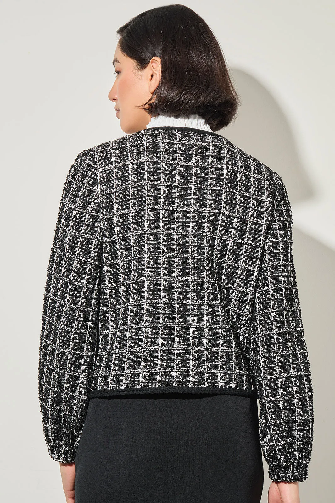 Cropped Open Front Jacket - Tweed Knit, Black