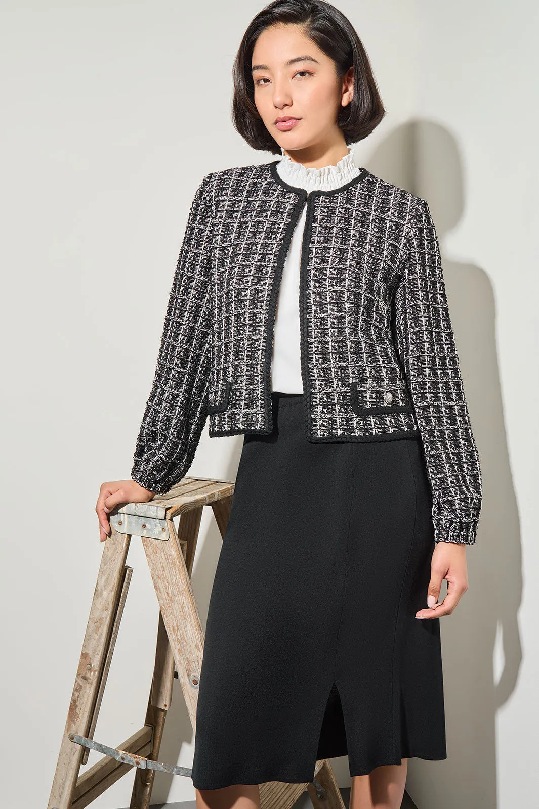 Cropped Open Front Jacket - Tweed Knit, Black