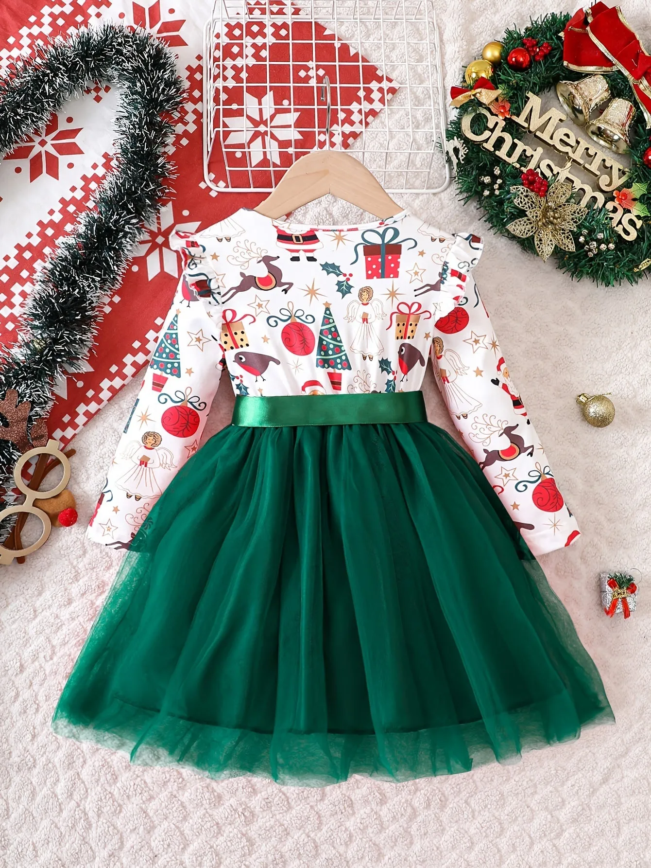 Cute Christmas Splicing Santa Graphic Mesh Tutu Dress for Girls - Flutter Trim, Festive Holiday Outfit, Perfect Gift for Kids, Christmas Party Wear