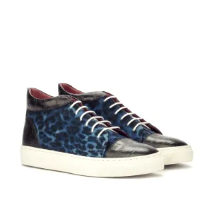 DapperFam Cassian in Black / Leopard Men's Italian Croco Embossed Leather & Sartorial High Top